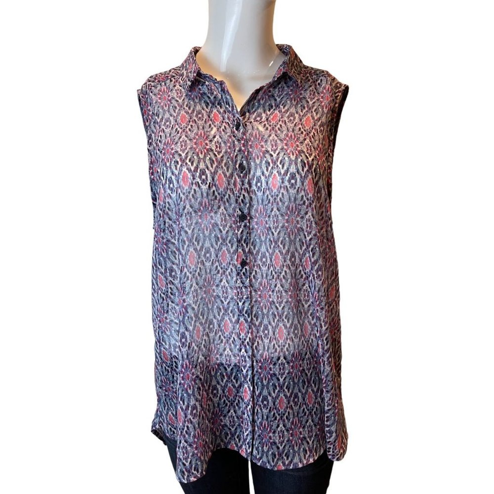 H&M Women Button-Up Collared Shirt Blouse Modern Print Sleeveless Purple Size 12